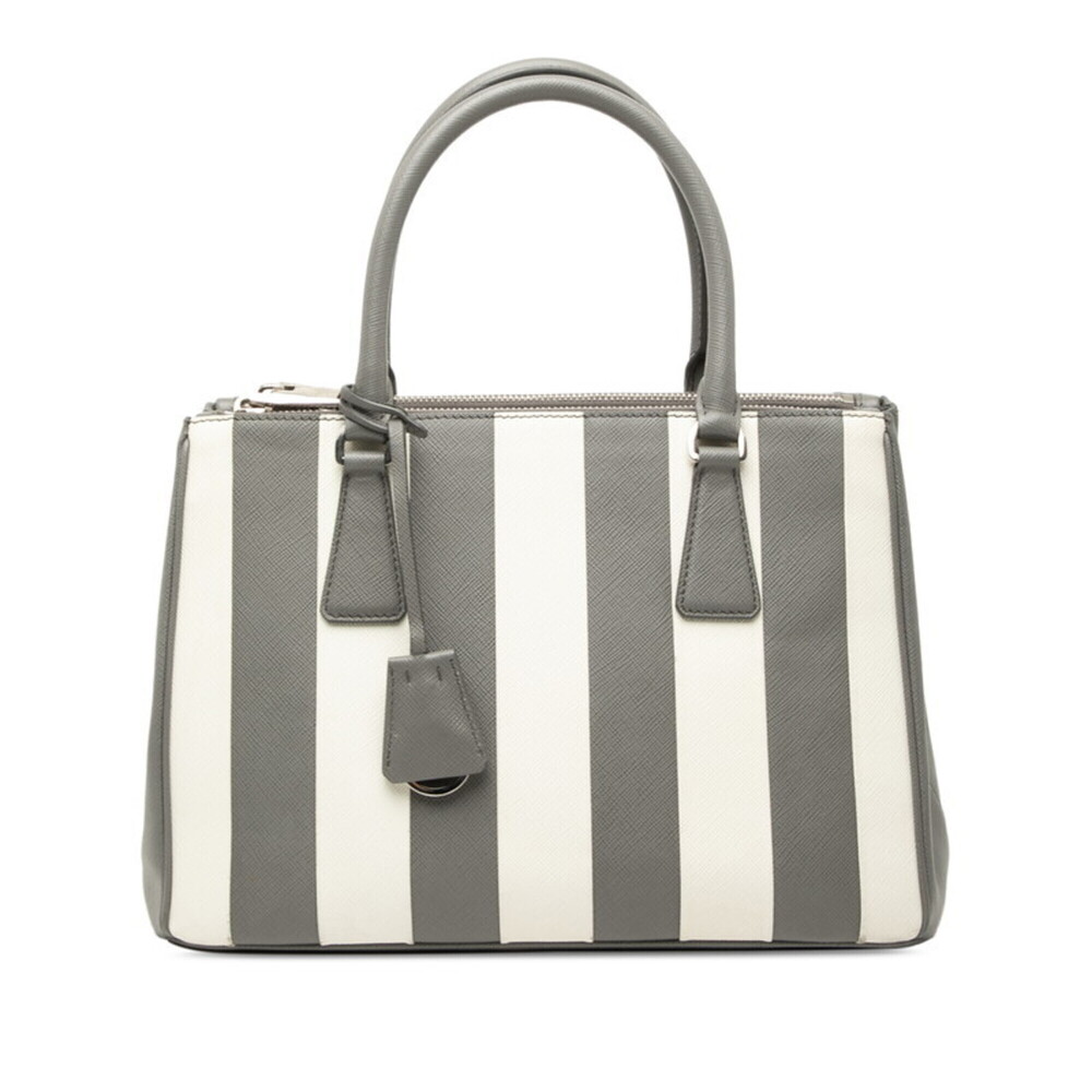 Prada Galleria Medium Striped Handbag 1BA863 Gray White Saffiano Leather Wome...